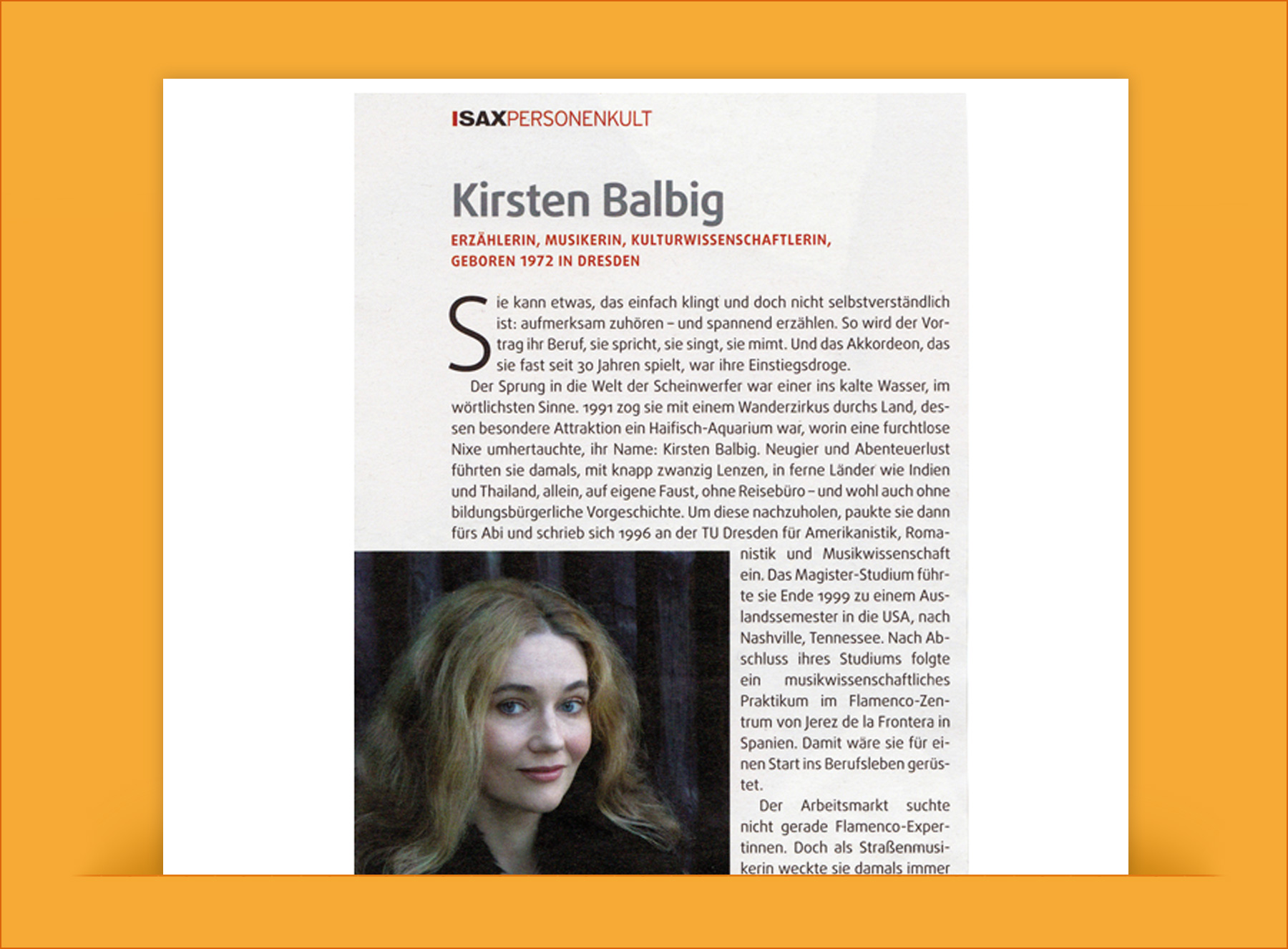 Presseartikel: Kirsten Balbig: Erzählerin, Musikerin, Kultur-Wissenschaftlerin